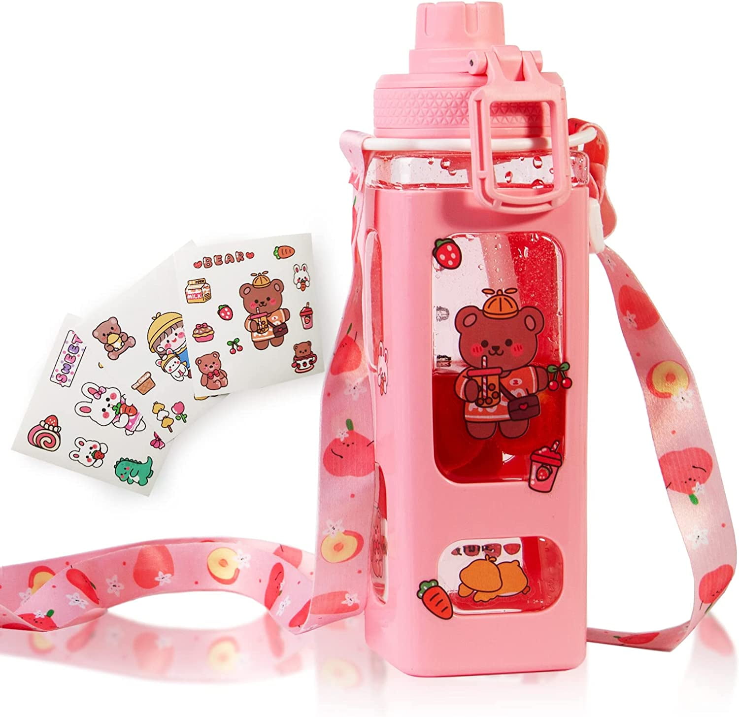 DabuLiu Kawaii Water Bottle for Girls Cute Kids Water Bottles with Straw Square Drinking Bottle, Portable Leakproof Water Jug for School, 24 oz (Pink-700ml)