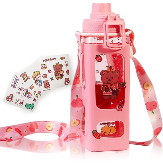 DabuLiu Kawaii Water Bottle for Girls Cute Kids Water Bottles with Straw Square Drinking Bottle, Portable Leakproof Water Jug for School, 24 oz (Pink-700ml)
