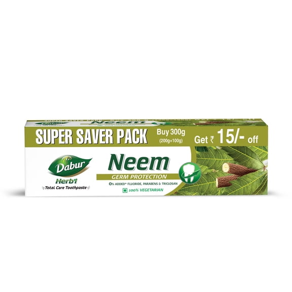 Dabur Herb'L Neem 300G (200G + 100G) - Germ Protection Toothpaste With No Added Fluoride And Parabens