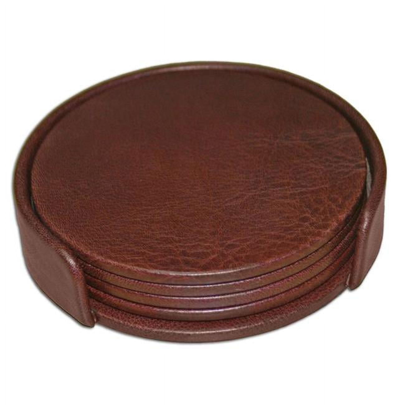 Mocha Brown Genuine Leather Round Coaster Set with Holder