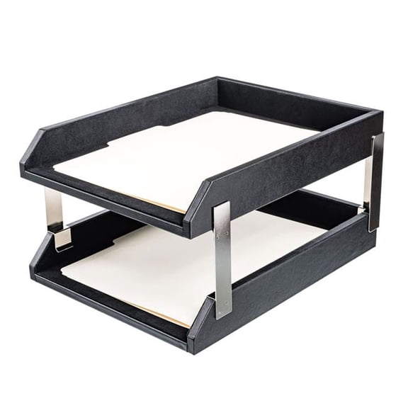 Dacasso AG-1022 Classic Black Leather Letter Trays, Stacking Set, Silver