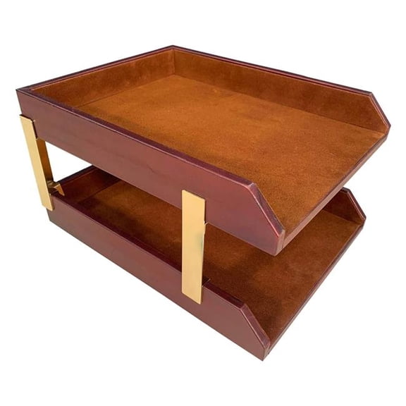 Dacasso AG-3020 Mocha Leather Letter Trays, Stacking Set, Gold