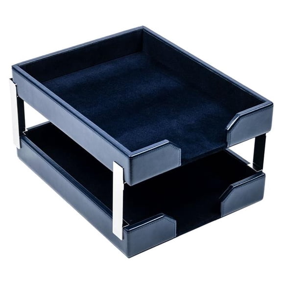 Dacasso AG-5022 Navy Blue Bonded Leather Double Letter Trays, Silver