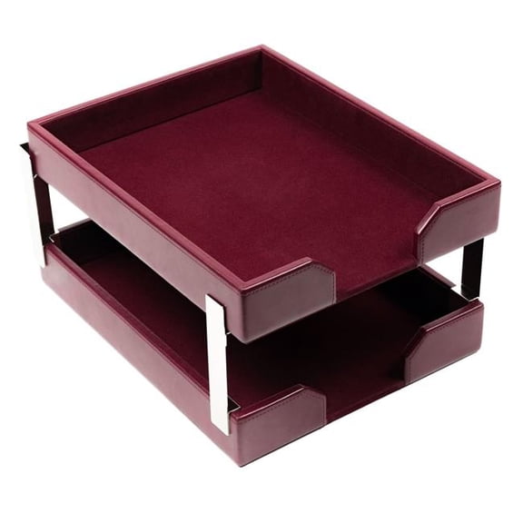 Dacasso  AG-5222 Burgundy Bonded Leather Double Letter Trays, Silver