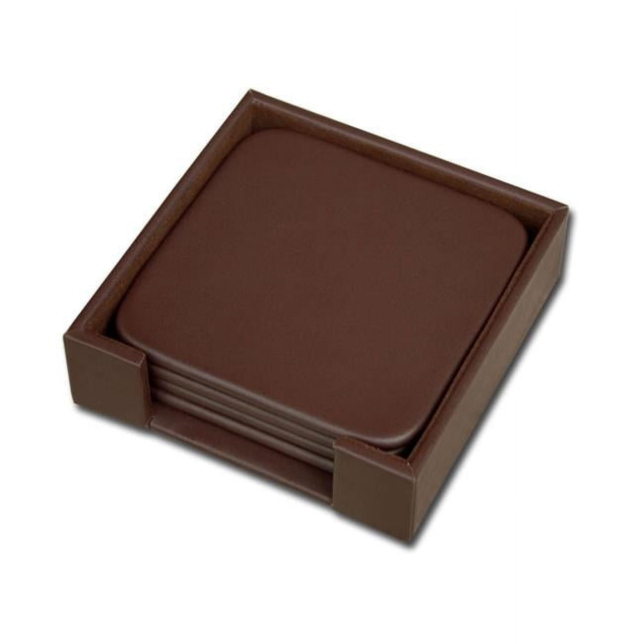 Chocolate Brown Genuine Leather Square Coaster Set with Holder