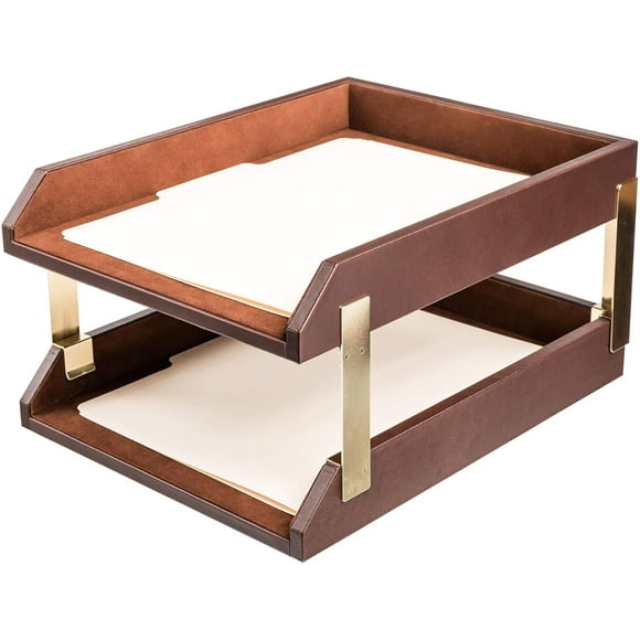 Dacasso Leather Double Letter Trays, Chocolate Brown (A3420)