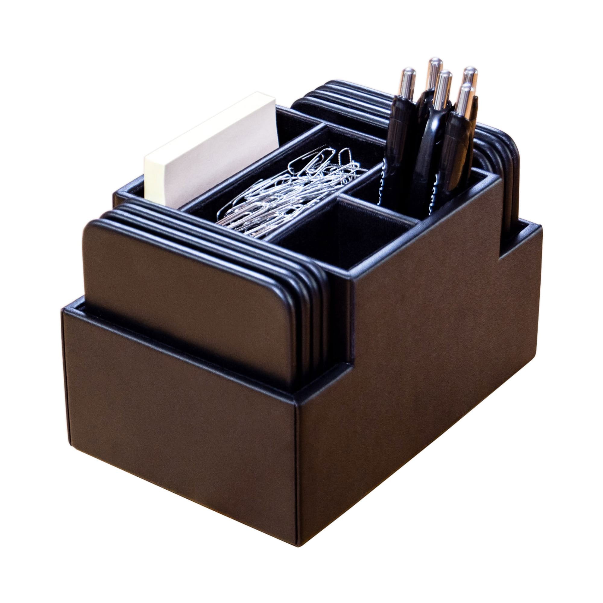Black Faux-Leather Multi-Compartment Square Coaster Set with Holder