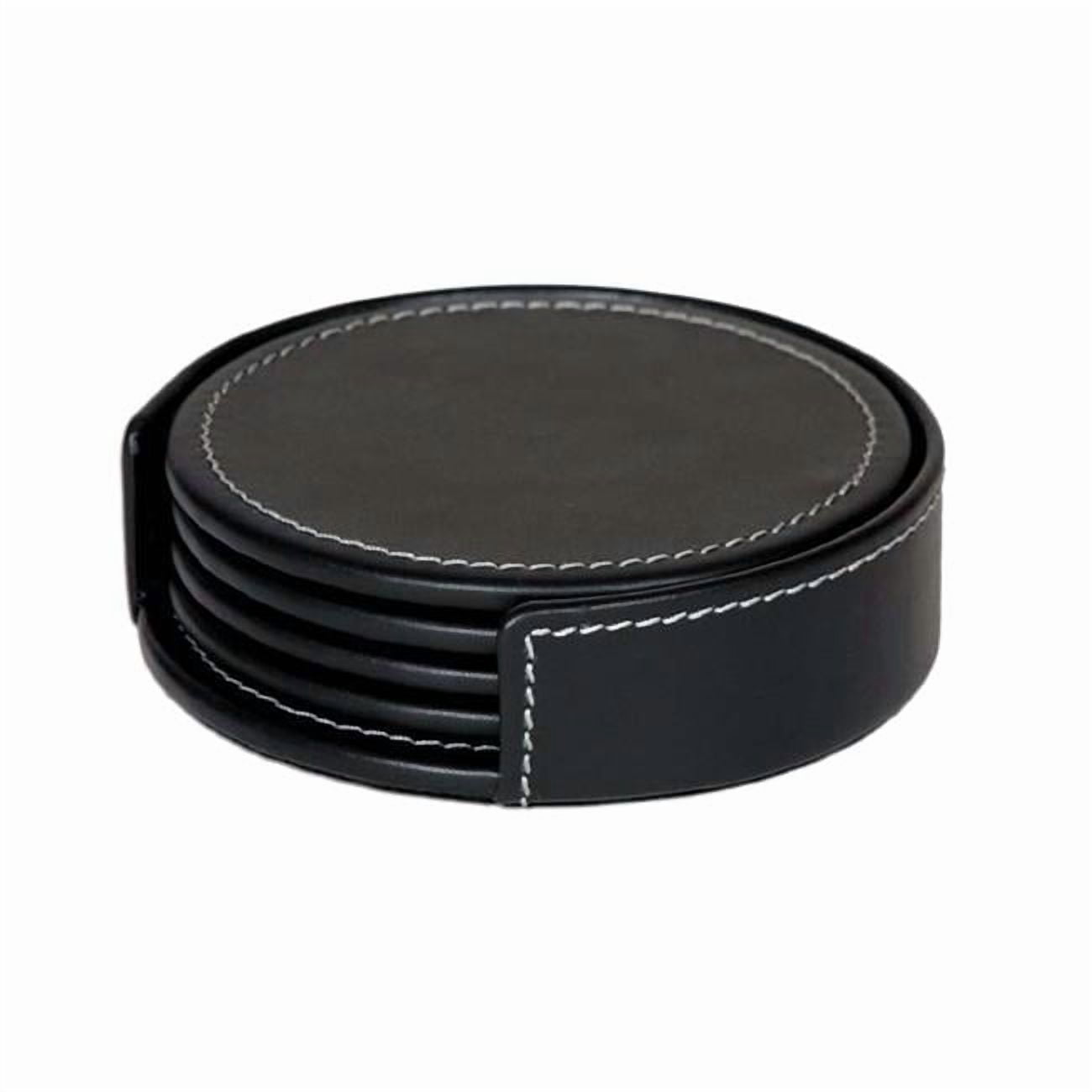 Dacasso Rustic Black Leather Coaster Set with Holder, Round, Durability ...