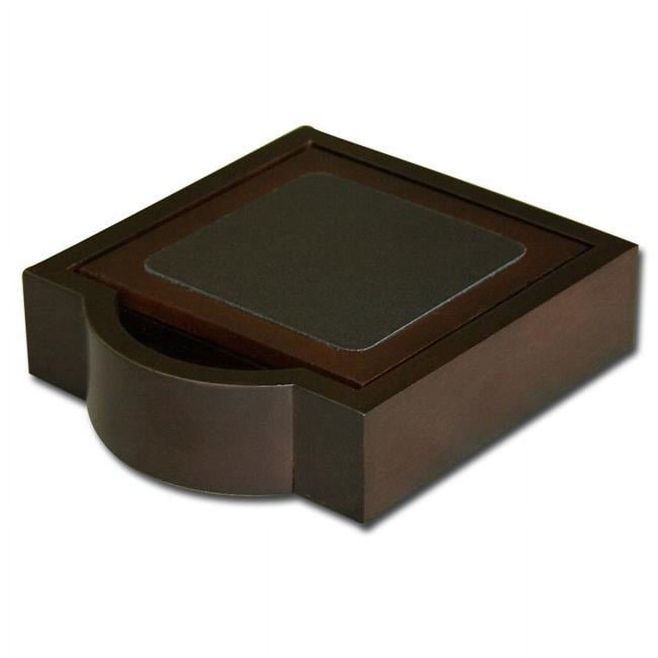 Walnut and Black Leather 4-Piece Coaster Set with Holder
