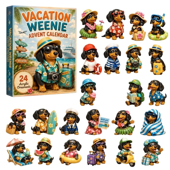 Dachshund Advent Calendar 2026, 24 Days Vacation Weenie Dog Countdown Calendar with Acrylic Ornaments Blind Box, Beach Puppy Souvenir for Desk