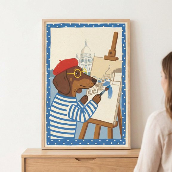 Dachshund Artist Whimsical Illustration Wall Art Paris Wiener Dog Decor Doxie Beret Studio