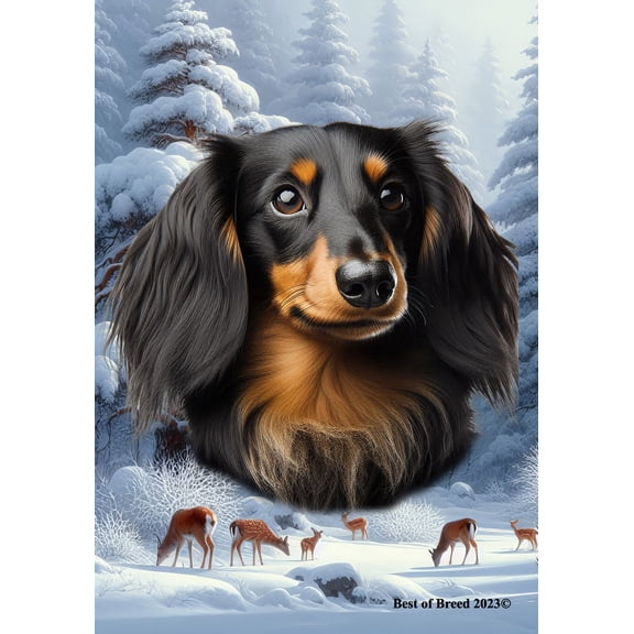 Dachshund B/T Longhair - Best of Breed Winter Wonderland Garden Flag 12" x 17"
