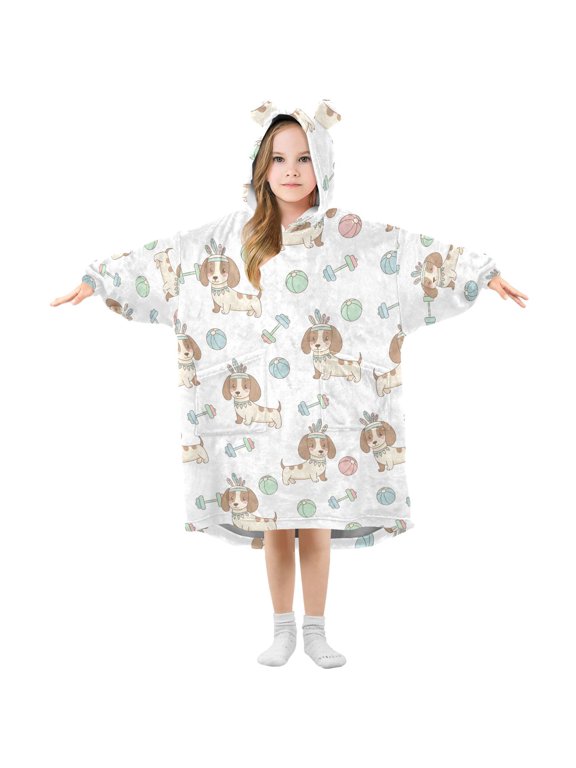 Dachshund Barbell Ball Pattern Wearable Blanket Hoodie Oversized Flannel Soft Warm Cozy 3-14 Age Small