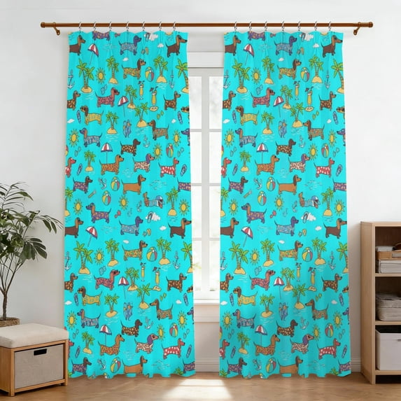Dachshund and Beach Blue Pattern Pinch Pleat Semi Sheer Linen Curtains ...