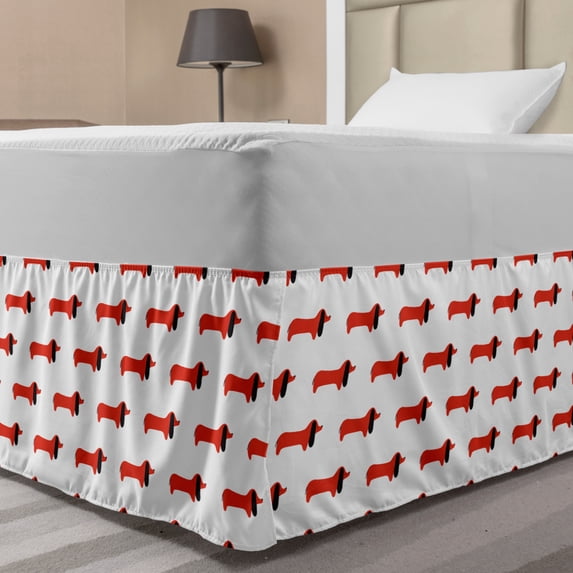 Dachshund Bed Skirt, Simplistic Repeating Pattern with Bicolour Abstract Dogs, Elastic Bedskirt Dust Ruffle Wrap Around for Bedding Decor, 4 Sizes, Vermilion Charcoal Grey, by Ambesonne