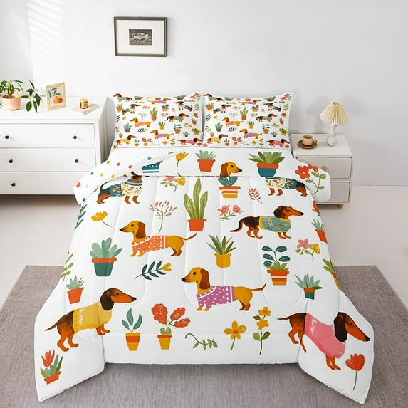 Dachshund Bedding King,Sausage Dog Comforter Set,Groovy Flower Floral Quilt for All Season,Kawaii Pet Puppy Dog Down Comforter Gifts for Dog Lover,Soft Cozy