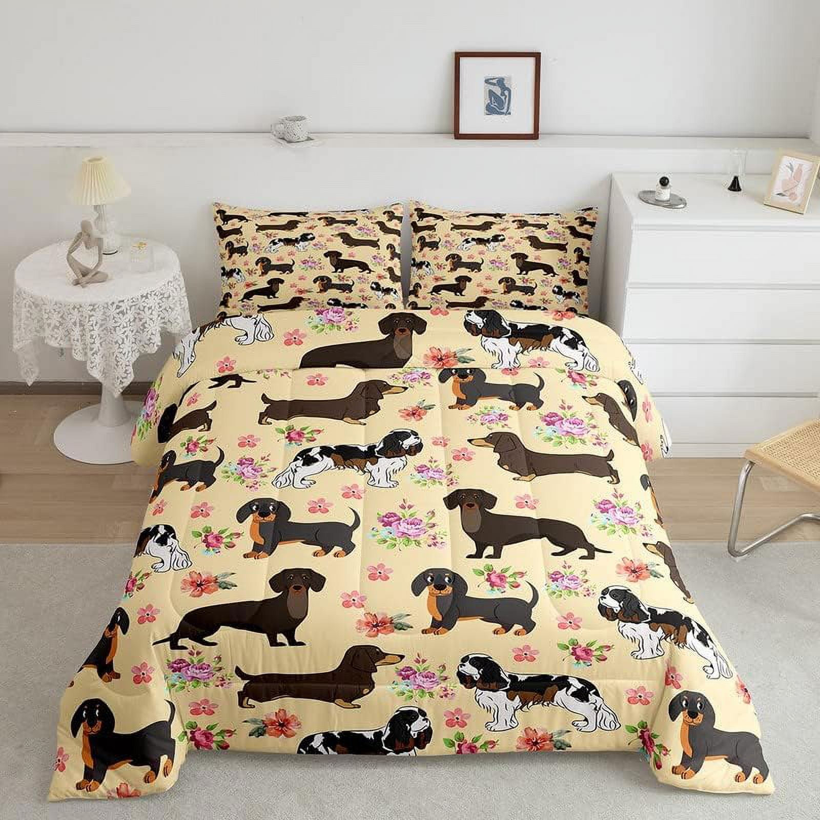 Dachshund Bedding Set Pink Floral Sausage Dog Comforter Set Cute Puppy ...