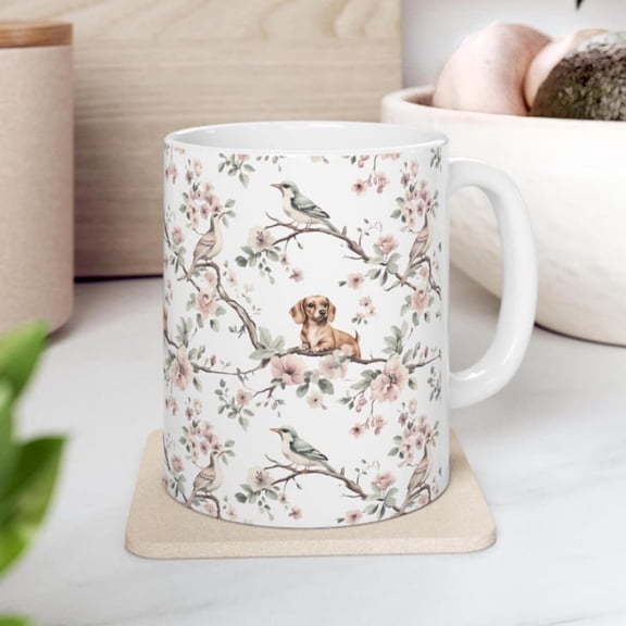 Dachshund Bird Mug - Floral Muted Pastel Coffee Cup Doxie Lovers, Bird Dog Lover Gifoffee Mug, Sausage Dog Mom Bird Ceramic Tea Cup.