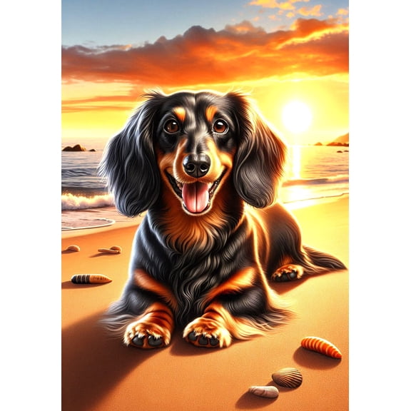 Dachshund Black/Tan Longhair - Best of Breed DCR Summer Sunset Outdoor House Flag 28" x 40"