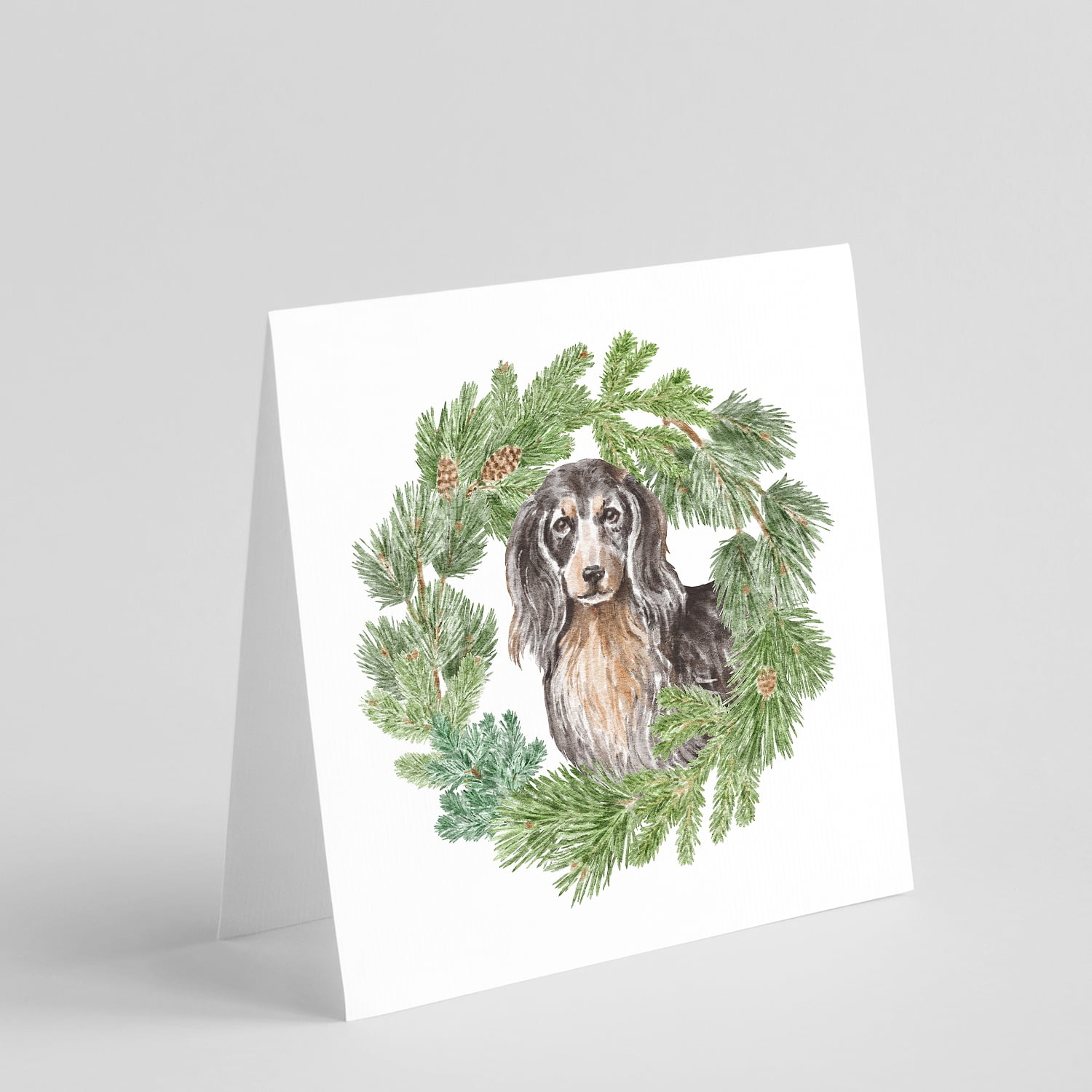 Dachshund Black and Tan Longhaired with Christmas Wreath Square Greeting Cards and Envelopes Pack of 8 5 in x 5 in