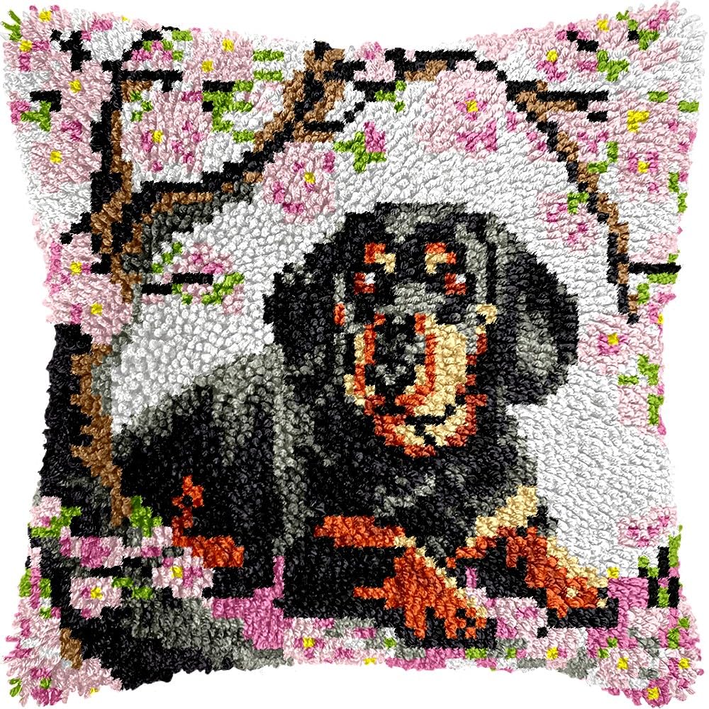 Dachshund under Blossom Tree Latch Hook Pillow Kits for DIY Throw Pillow Cushion Embroidery Latch Hooking Pillowcase Kits with Preprinted Canvas Crochet Yarn Kits for Home Decor 17''X 17''(d219)