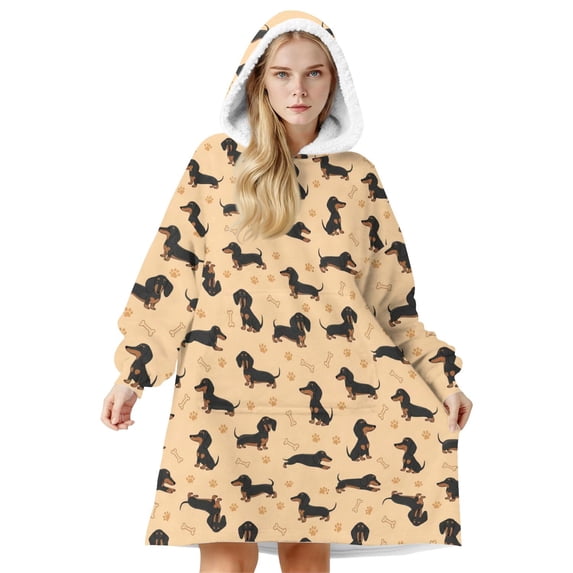 Dachshund and Bone Orange Pattern Oversized Sherpa Fleece Wearable Blanket Hoodie, Double-Sided Warm Fuzzy Pullover with Super Pockets for Women & Men