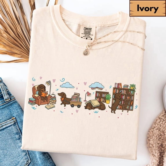 Dachshund Book Lover Shirt, Reading Wiener Dog Graphic Tee, Bookish Doxie Design Comfort Colors Unisex Cotton T-Shirt, Size S-3XL