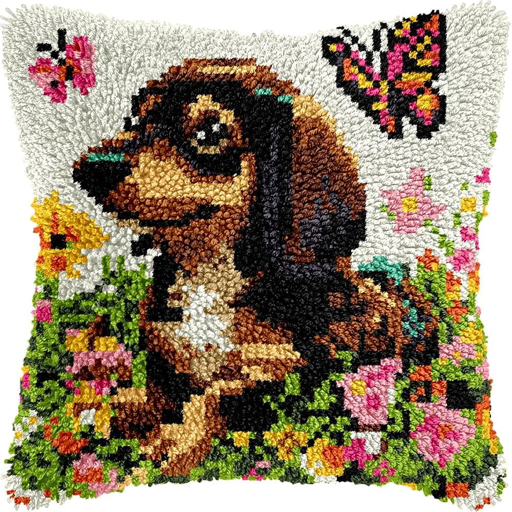 Dachshund & Butterflies Latch Hook Kits Pillow kits Cushion Throw Pillow Embroidery Craft Kits DIY Kits of DIY Hooking Pillowcase Cover Supplier with Color Printed Canvas 43x43cm (160)