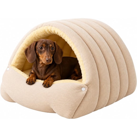 Dachshund Cave Bed, Corduroy Pet Bed for Small Dogs and Cats,Beige:Medium | Sheltered Resting Space; Front Opening; Cozy Hideaway for Pets That Love to Burrow