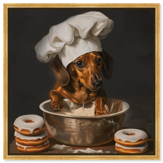 Dachshund Chef with Sugar Donuts Canvas Cute Pet Art Prints by Art Remedy, Gold Frame, 16" x 16"