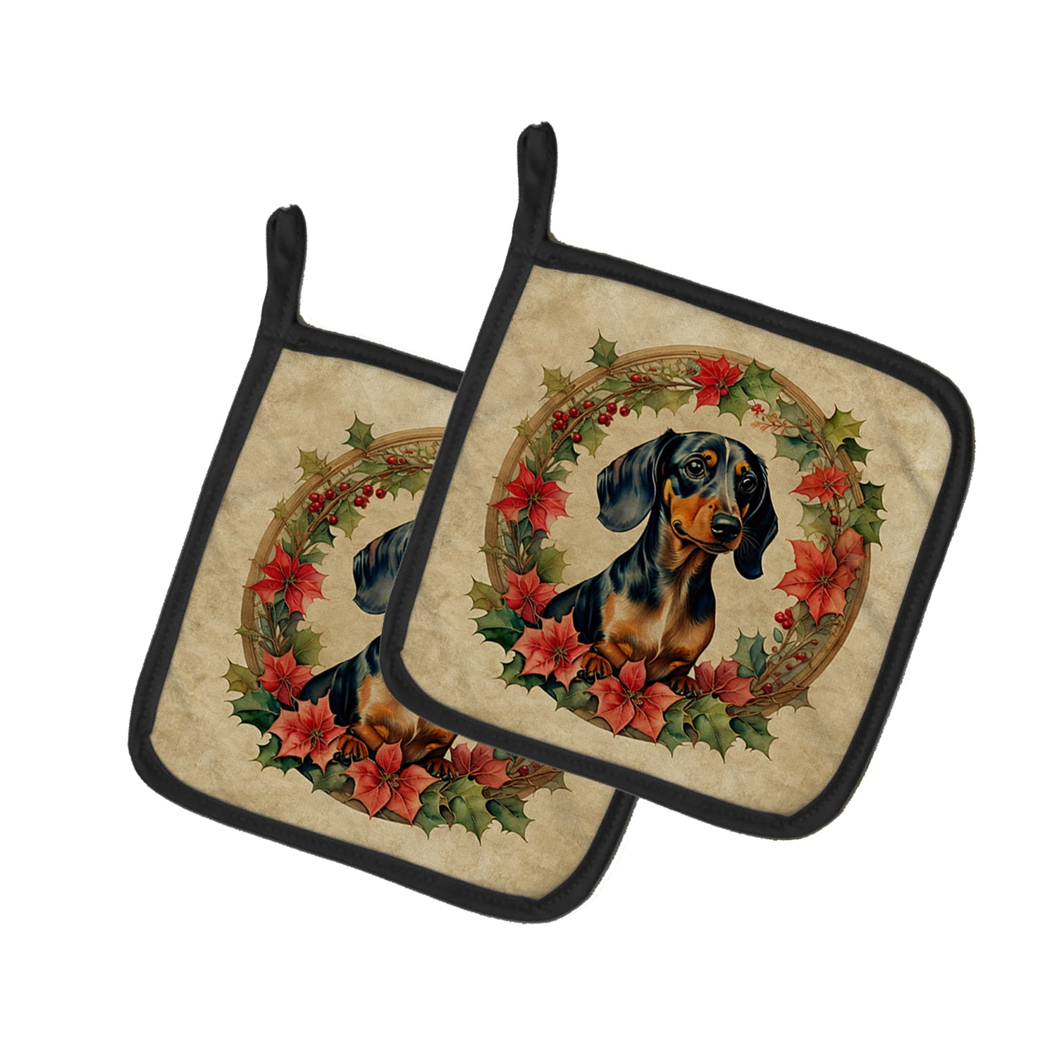 Dachshund Christmas Flowers Pair of Pot Holders 7.5 in x 7.5 in