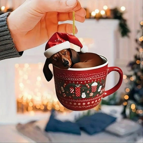Dachshund Christmas Ornament, Christmas Puppy in Mugs Christmas Tree Hanging Decoration Car Rearview Mirror Sleepy Dog Ornament Holiday Collection