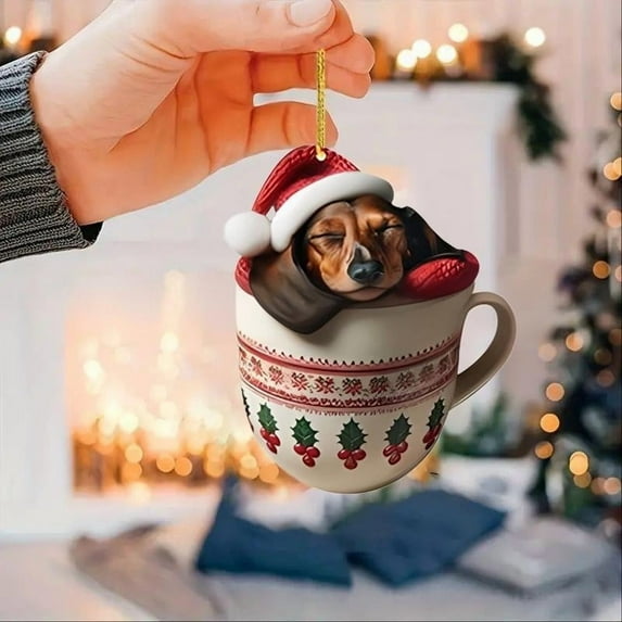 Dachshund Christmas Ornament, Christmas Puppy in Mugs Christmas Tree Hanging Decoration Car Rearview Mirror Sleepy Dog Ornament Holiday Collection