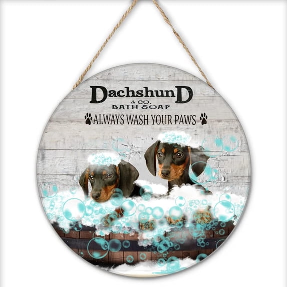 Dachshund & Co. Bath Soap Vintage Round Wooden Sign Wash Your Paws Retro Sign, Dachshund Poster, Dog Lover Gift,Bathroom Wall Decor, Bathroom Art 12x12 Inch
