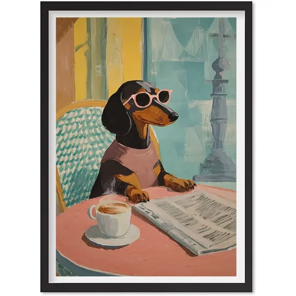 Dachshund Coffee Art Print - Funny Dog With Sunglasses Poster, Whimsical Café Wall Decor, Matte Canvas Stretched, Posters for Room Bedroom Living Room Bathroom Wall Decor, Posters & Art Prints, Gift.
