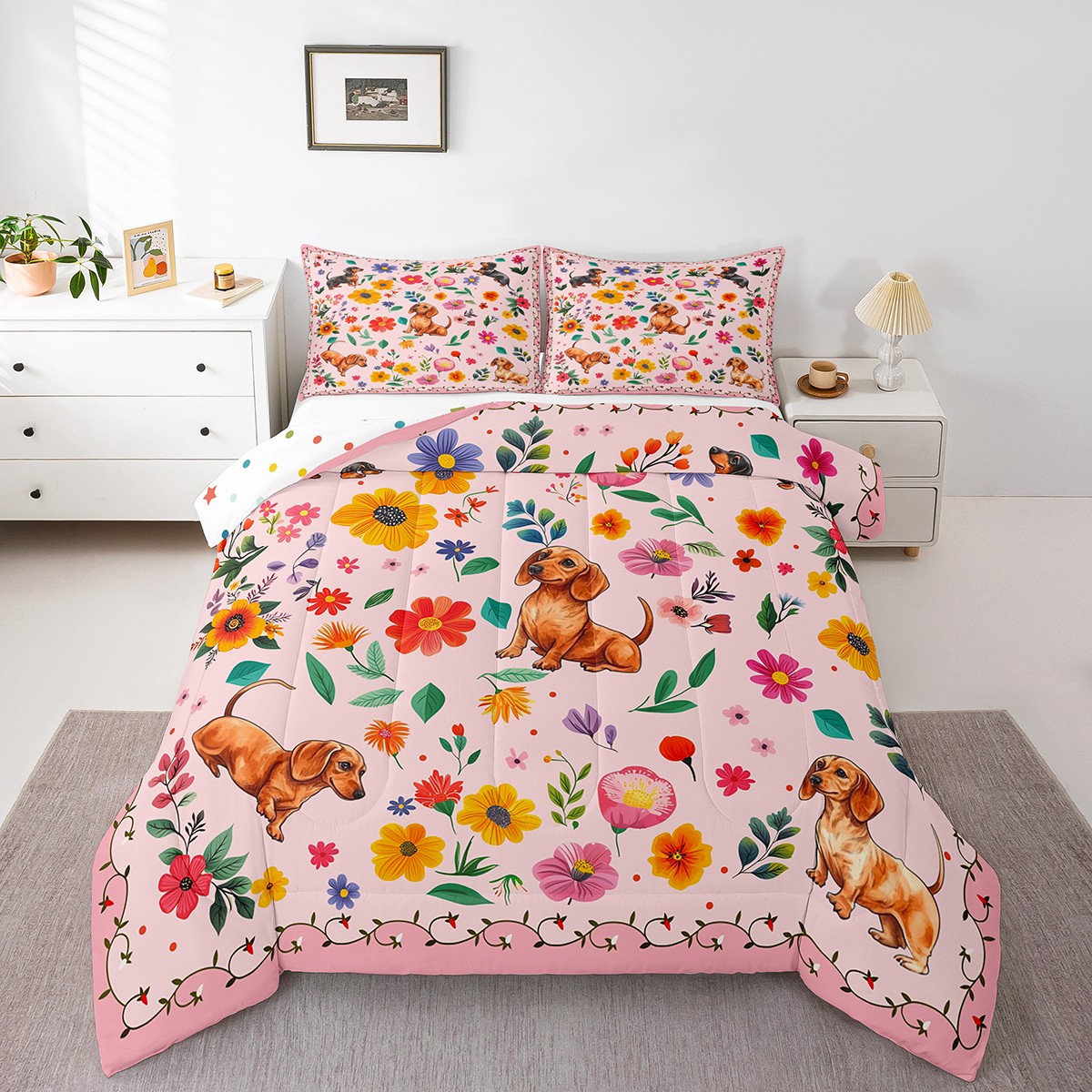 Dachshund Comforter Set Boho Floral King Bedding Set,Rainbow Wildflower