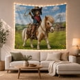 thumbnail image 1 of Dachshund Cowboy on Pony with Kitten in Wildflower Meadow, Playful Digital Art for Dog Lovers, Western Decor, New Home Gift, Tapestry Wall Hanging for Bedroom and Living Room, 1 of 7