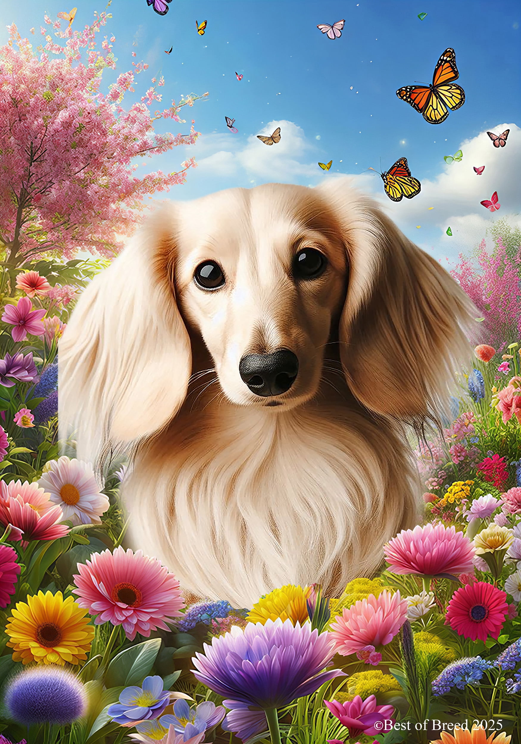 Dachshund Cream Longhaired - Best of Breed Spring Butterfly Outdoor House Flag 28" x 40" Mailbox Flag