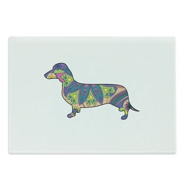 Dachshund Cutting Board, Colorful Small Puppy Silhouette with Floral Composition Pattern Lily Blossom, Decorative Tempered Glass Cutting and Serving Board, Large Size, Multicolor, by Ambesonne