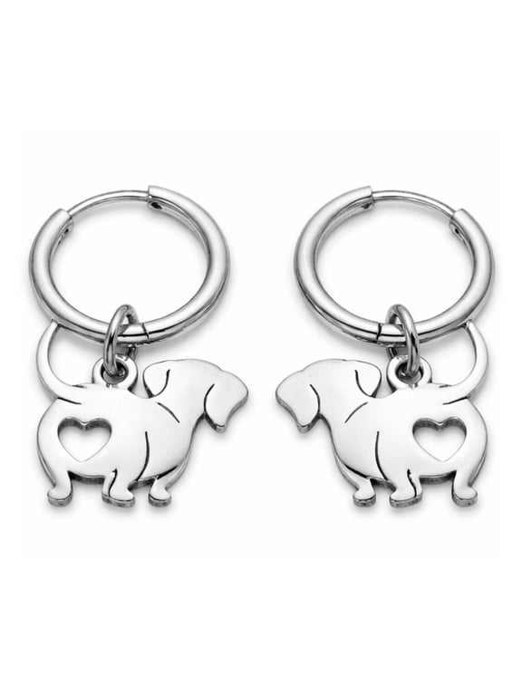 Dachshund Dangle Hoop Earrings for Women 12mm Non-Plated Silver Tone Stainless Steel by Ginger Lyne
