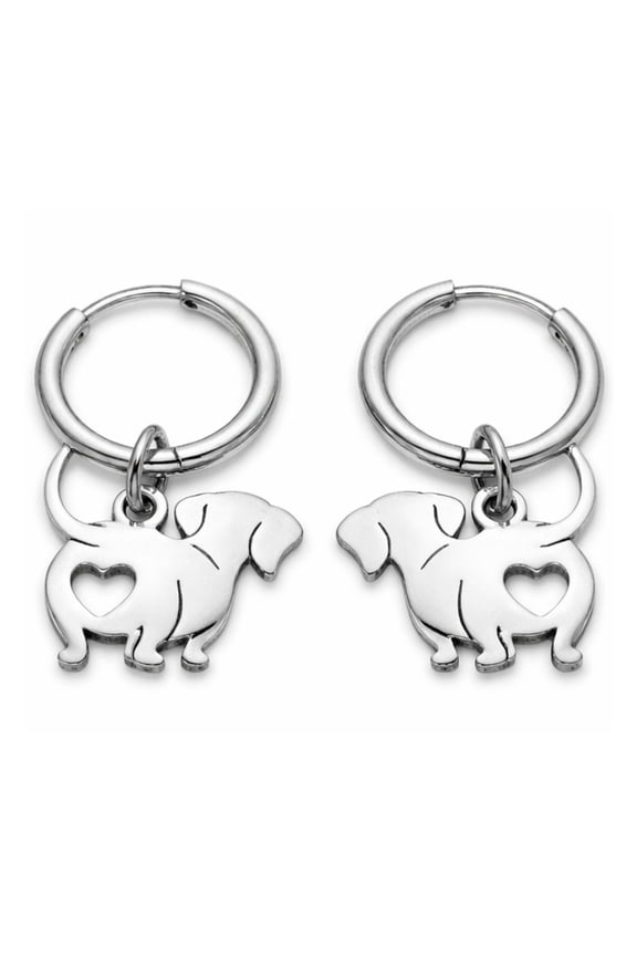 Dachshund Dangle Hoop Earrings for Women 12mm Non-Plated Silver Tone Stainless Steel by Ginger Lyne