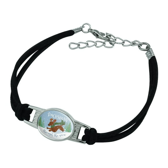 Dachshund Dashing Through the Snow Winter Christmas Novelty Suede Leather Metal Bracelet