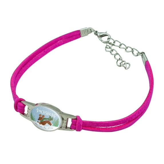 Dachshund Dashing Through the Snow Winter Christmas Novelty Suede Leather Metal Bracelet