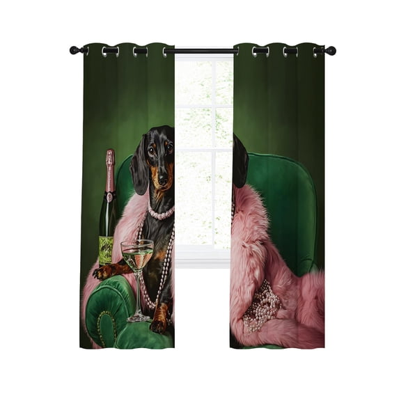 Dachshund Diva Blackout Curtains for Bedroom Living Room, Pink Fur Stole Black Animal Cocktail Party Dark Green 39 In Long Thermal Insulated Room Darkening Drapes Grommet Window Treatment 27.5x39 In