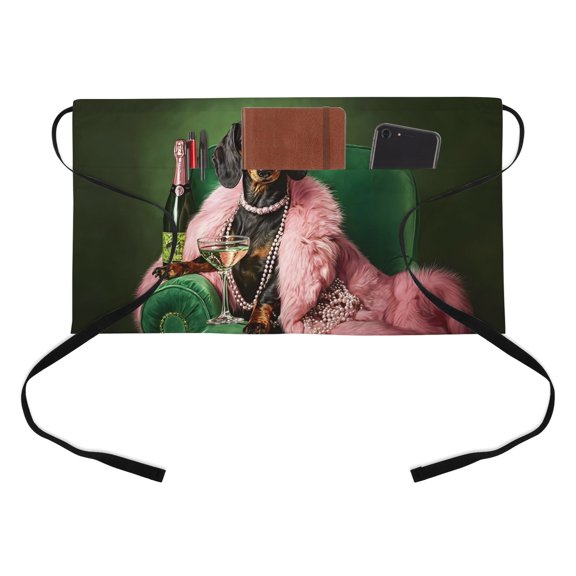 Dachshund Diva Kitchen Restaurant Half Waist Apron, Pink Fur Stole Black Animal Cocktail Party Dark Green Server Short Apron with 3 Pockets Waterproof Oil Waist Aprons for Women Waitress Waiter