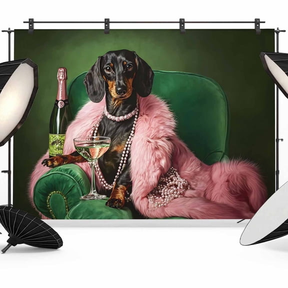 Dachshund Diva Photography Backdrop 7x5FT, Pink Fur Stole Black Animal Cocktail Party Dark Green Photo Backdrops, Background for Photography Studio Photo Studio Background, Back Drop for Photoshoot