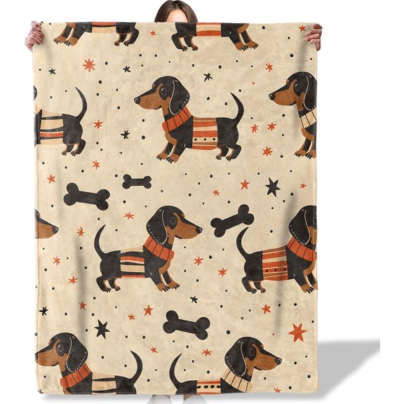 Dachshund Dog Blanket, Soft and Cozy Throw Featuring Adorable Cartoon Sausage Dogs in Sweaters with Bones and Stars, Perfect for Pet Lovers and Fun Home Decor, 50 x 60 inch Inches