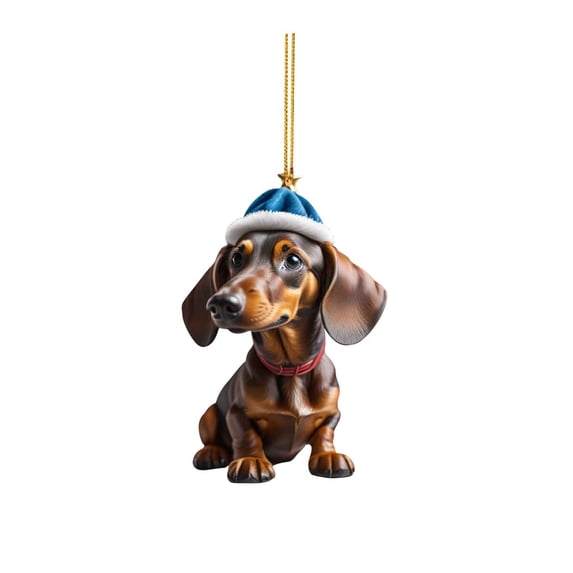Dachshund Dog Christmas Tree Hanging Ornament, Acrylic 2D Flat Printed Puppy Pendant for Winter Holiday Xmas Home Party Decor