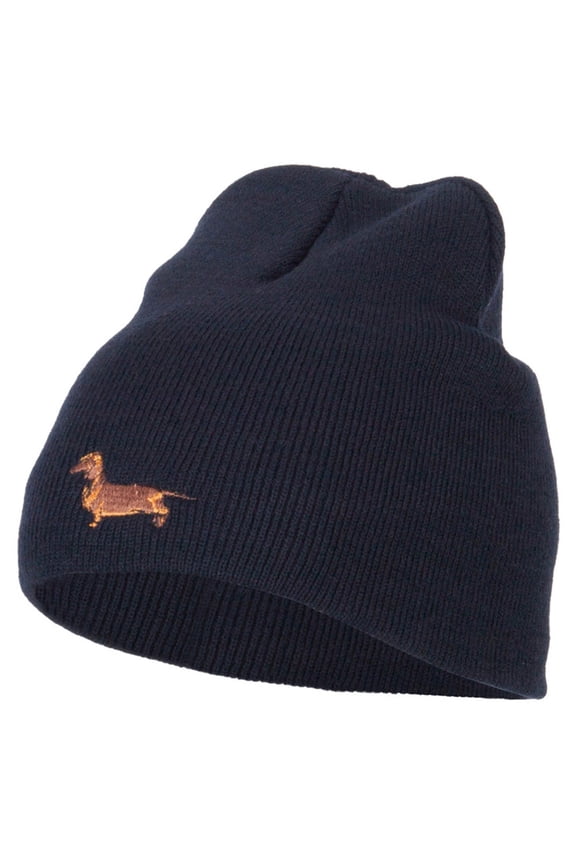 Dachshund Dog Embroidered Knitted Short Beanie - Navy OSFM