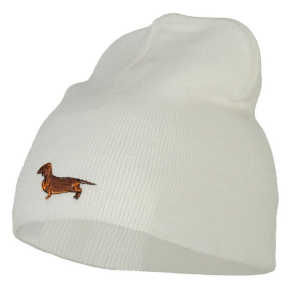 Dachshund Dog Embroidered Knitted Short Beanie - White OSFM